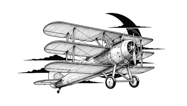 Vintage triplane aircraft flying against a crescent moon and clouds in engraving style