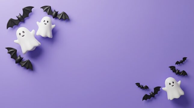 Flat lay of small white ghosts and black paper bats arranged on a solid purple background for halloween