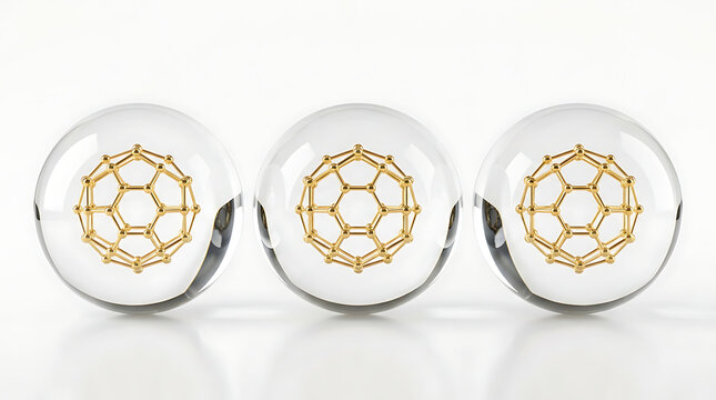 Three clear spheres with golden molecular structures