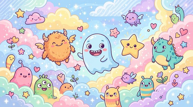 A vibrant and playful abstract background design featuring a colorful collection of whimsical cartoon characters and various cheerful shapes delightfully arranged together