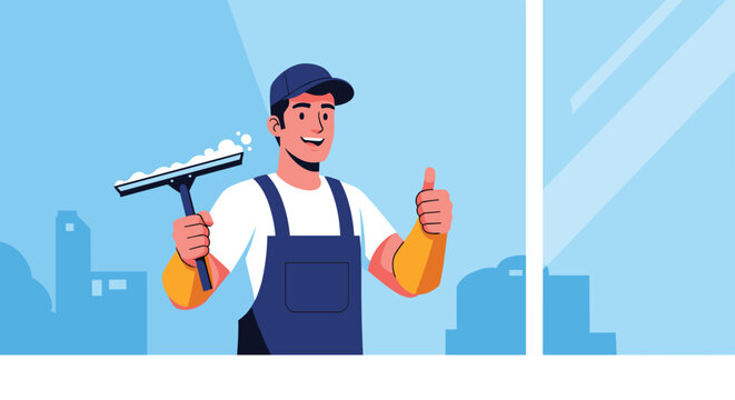 Friendly window cleaner professional in uniform giving a thumbs up while holding a squeegee against a city skyline background.