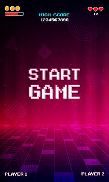 START GAME. Retro Futurism Sci-Fi Background. glowing neon grid and star from vintage arcade computer games. Vertical Backgrounds