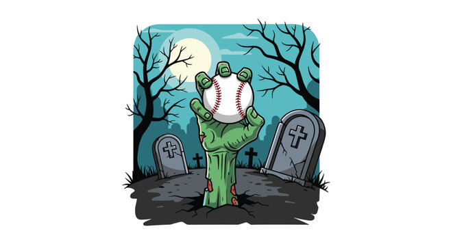 Spooky zombie hand reaching out from the ground in a graveyard at night while holding a baseball against a full moon background.