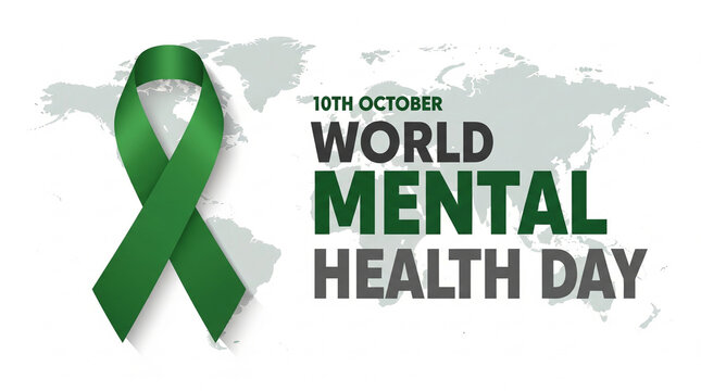World Mental Health Day banner with green ribbon, global awareness poster for October 10th, mental health support concept with world map