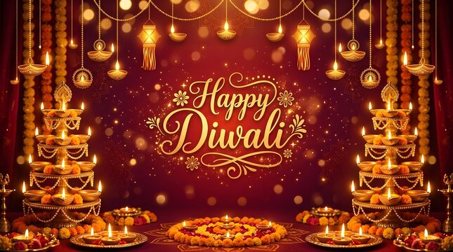 Happy diwali background with tiered oil lamps and marigold flowers