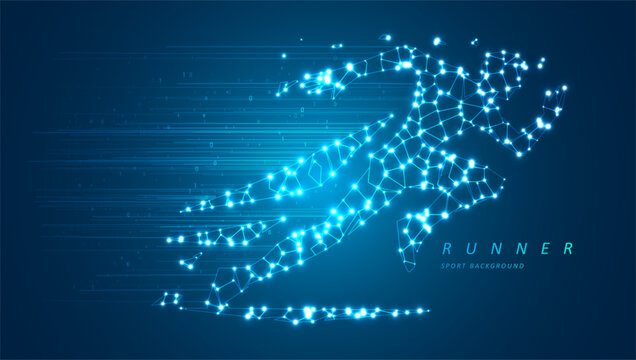 Dynamic digital polygon mesh runner silhouette In high speed motion. Graphic concept for your design.
