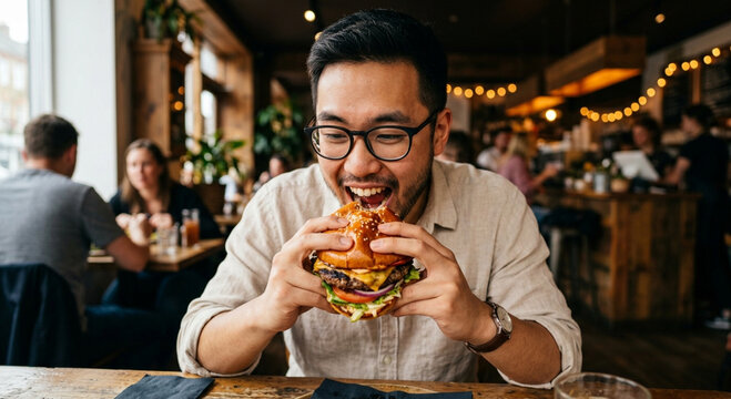 Young Asian Man Enjoying a Large Gourmet Beef Burger in a Modern Cafe