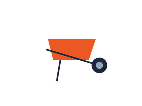 Minimalist graphic illustration of an orange wheelbarrow on white background