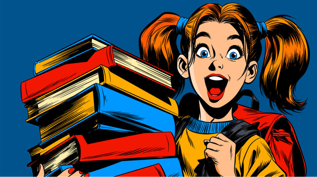 Excited young student with pigtails carries many textbooks against a bold blue comic backdrop