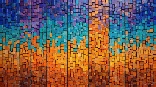 Vibrant mosaic tile wall with sunset gradient, colorful ceramic stone pattern, artistic glass tile mural for interior design isolated PNG with Transparent Background