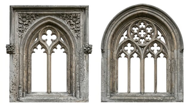 Set of Two Ornate Gothic Stone Window Frames Isolated on White Background for Architectural Design and Restoration