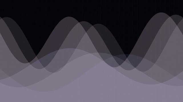 Smooth translucent waveforms overlapping over a dark grid background as a looping tech backdrop