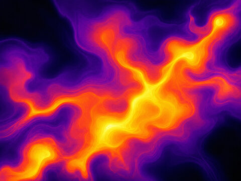 Abstract thermal imaging background with vibrant orange and purple heat map energy flow.
