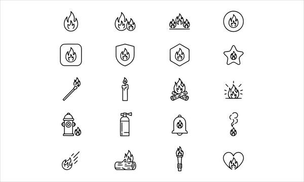 Set outline icons related to fire, flame. Linear icon collection. Editable stroke. Vector illustration