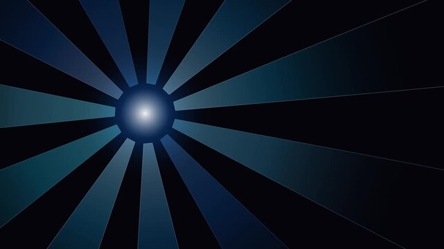 Abstract blue radial light burst with dark triangular rays creating a seamless tech background loop