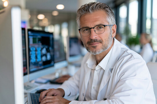 Focused doctor examines medical scans on a desktop monitor. Wearing glasses and a white lab coat, he looks directly at the viewer. Soft lighting highlights his professional demeanor
