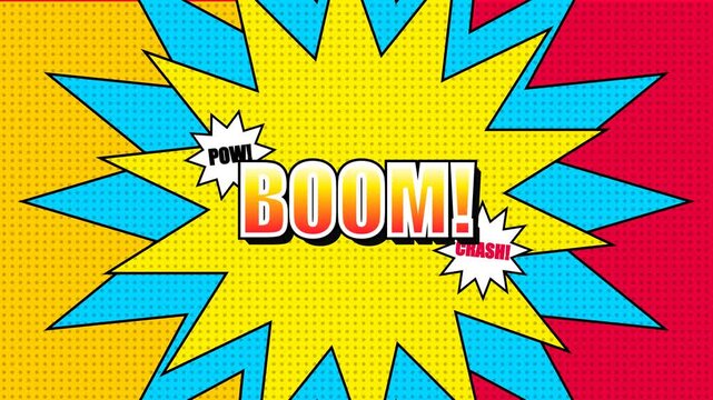 Boom comic book explosion effect animated motion design with vibrant halftone patterns and bold typography for dynamic graphic action video