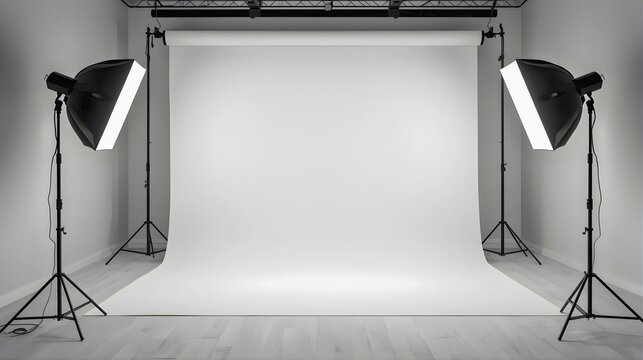 Professional Photography Studio with White Seamless Background and Softbox Lights