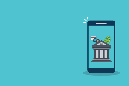 Mobile banking app icon set, smartphone bank building financial service
