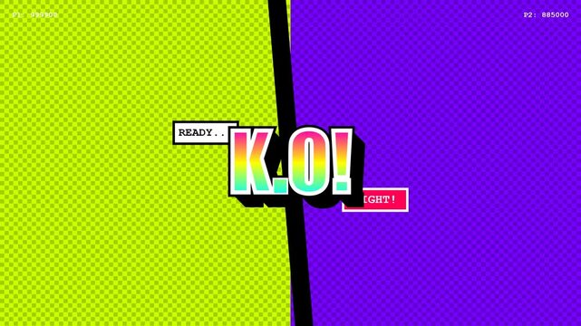 Vibrant arcade fighting game screen featuring knockout text and retro pixelated motion graphic elements for competitive esports match video footage