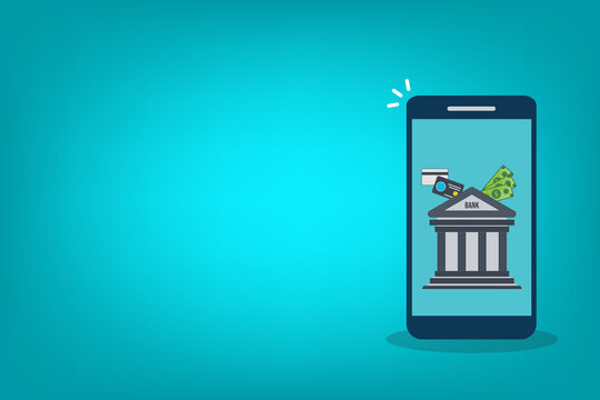 Mobile banking app icon set, smartphone bank building financial service