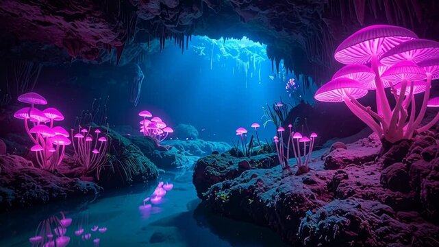 Fantasy Cave Scene: Bioluminescent Pink Mushrooms Illuminating a Blue Underground Stream with Stalactites and Reflective Water
