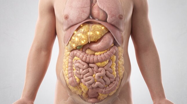 Detailed anatomical illustration of human digestive system, showcasing internal organs and their functions.