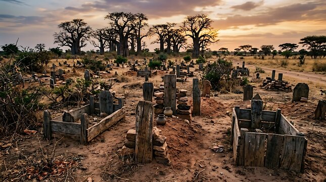 Traditional wooden graves in a rural cemetery under baobab trees