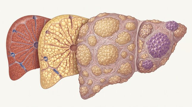 Detailed illustration of liver stages, highlighting cellular structures and variations in liver health.