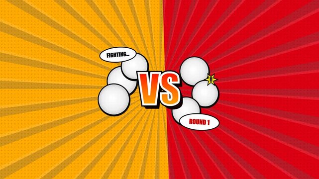 Versus battle animation screen featuring retro pop art style graphics with bold text overlays and dynamic comic book motion effects