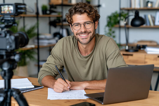 Man smiles while writing notes at desk. Laptop and camera sit nearby, capturing his focus. He wears glasses, casual shirt, and has curly hair. Workspace includes shelves, plants, and books