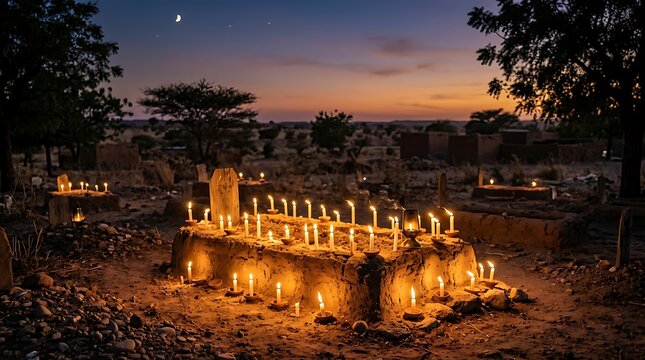 Earthen graves glowing with lit candles under the night sky