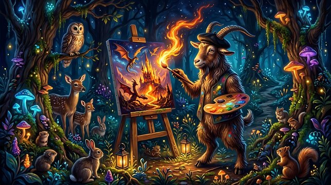 Goat artist painting a fire scene in a magical glowing forest at night