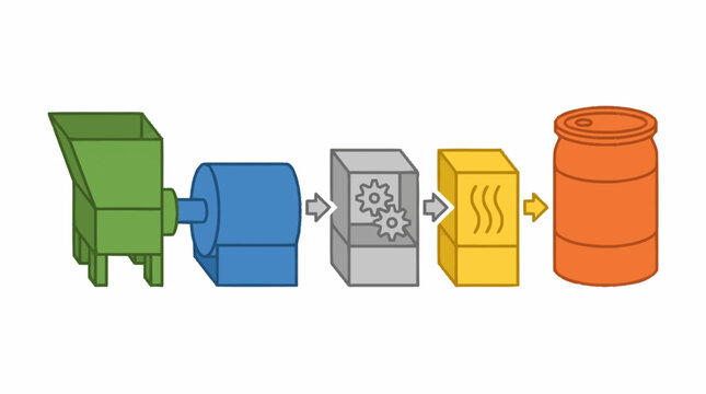 Industrial recycling process flow diagram with machinery and bins.