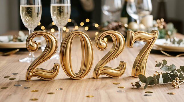 Gold 2027 numbers on a festive dinner table with champagne glasses