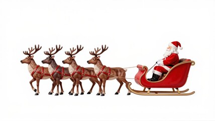 Fototapeta premium Santa Claus seated in red sleigh pulled by four reindeer on white background