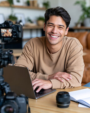 Young man smiles warmly while typing on laptop. Camera and lens sit nearby, ready for recording. Home office setup with cozy, natural lighting. Ideal for vlogs, tutorials, or lifestyle content