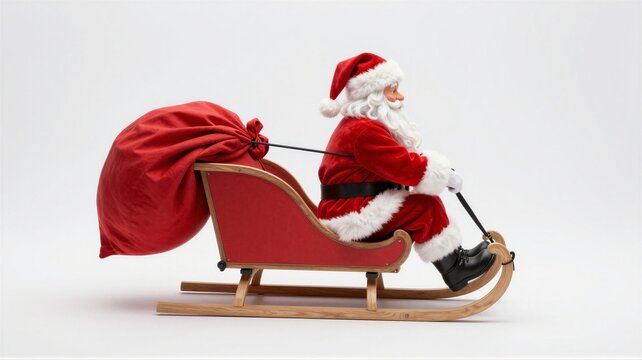 Santa Claus seated in red sleigh with large gift sack and reins