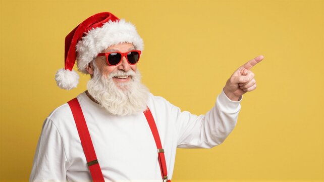 Elderly man in Santa hat and red sunglasses smiling and pointing to right against yellow background