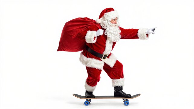 Man in red holiday costume carrying large sack while riding skateboard against white background