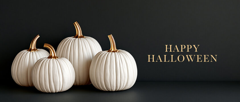White Pumpkins Group Halloween Minimalist Dark Background Horizontal Banner