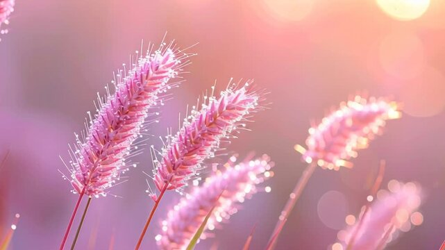 Close-up of Vibrant Pink Foxtail Grass Plumes with Dewdrops and Warm Bokeh Background