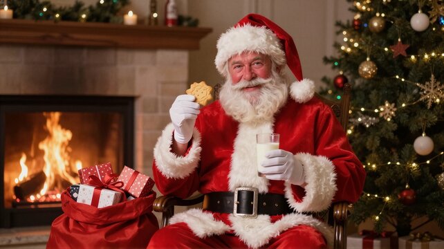 Traditional Santa Claus in red suit holding cookie and glass of milk by decorated Christmas tree and roaring fireplace