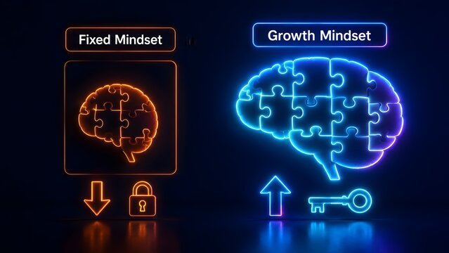 Fixed Mindset Versus Growth Mindset Neon Brain Puzzle Comparison