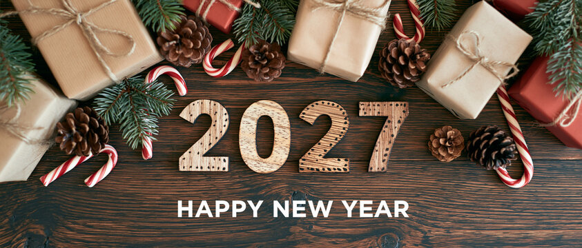 2027 New Year Gift Boxes Pine Cones Christmas Horizontal Banner