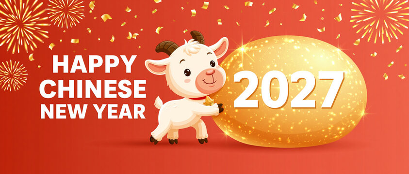 Happy Chinese New Year 2027 Cute Goat Character Gold Red Banner