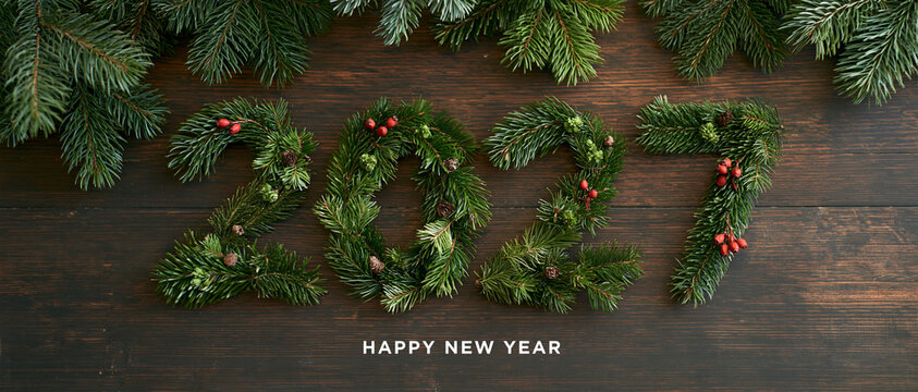 Green Leaves 2027 Year Numbers Wooden Background Eco New Year Banner