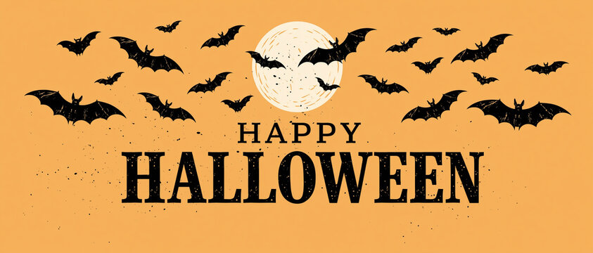 Happy Halloween Bats Silhouettes Orange Background Horizontal Banner