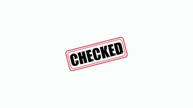 Red rubber stamp with the word CHECKED appearing on a clean white background motion graphic