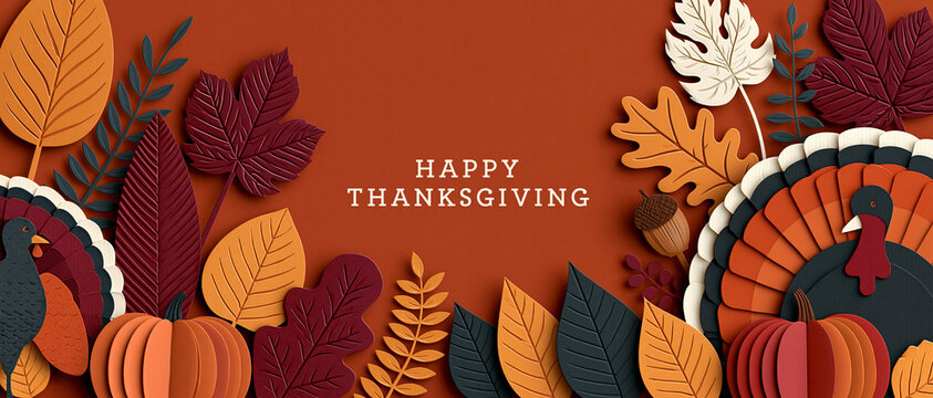Happy Thanksgiving Turkey Cutout Leaves Autumn Paper Art Horizontal Banner
